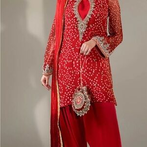 Pakistani designer Chic Red Embroidered Long Sleeve Dress